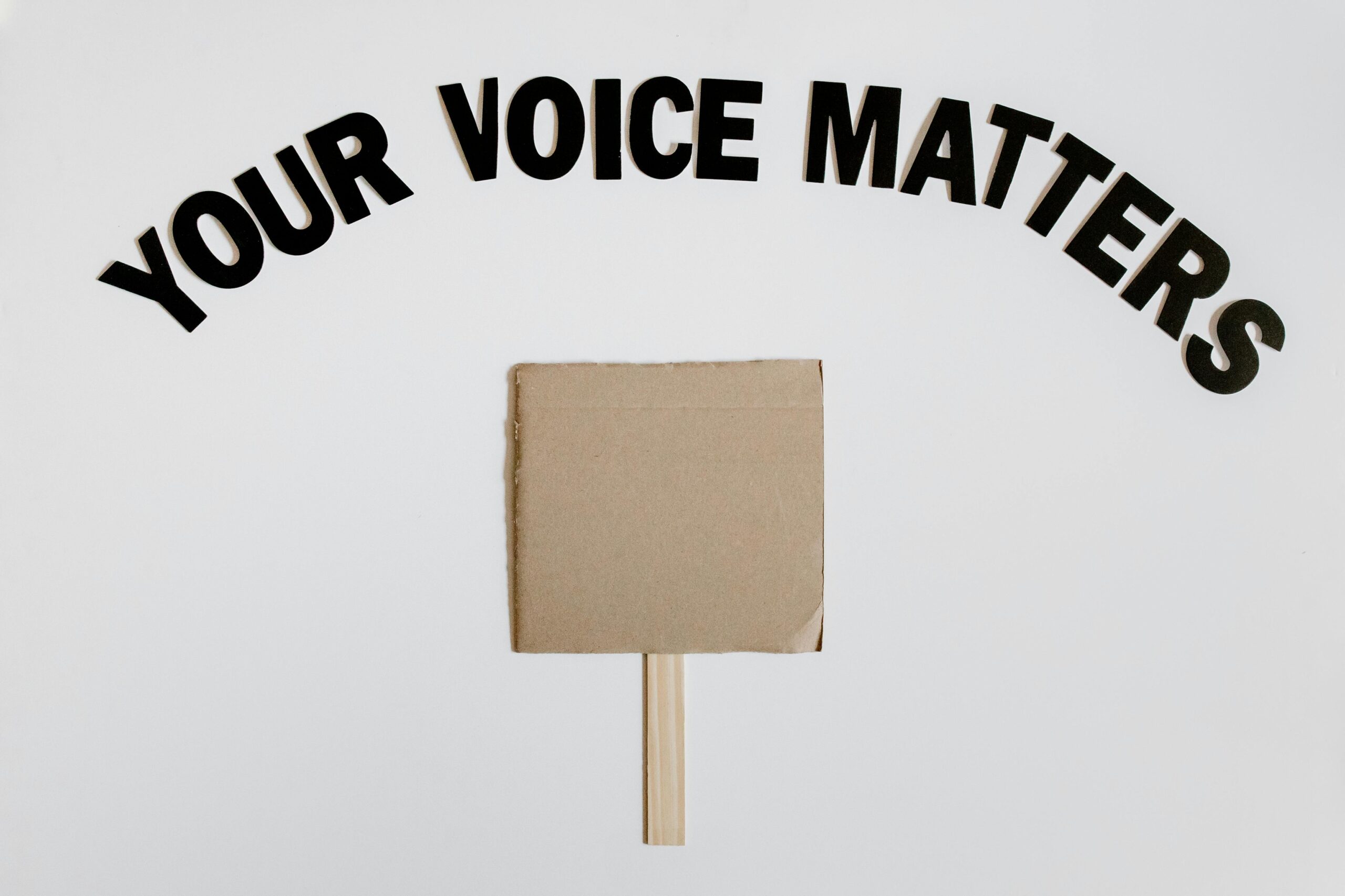 Image of a blank protest sign with 'Your Voice Matters' text overhead on a white background.